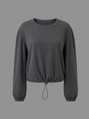 Drawstring Hem Ribbed Crewneck Sweater - Charcoal Gray